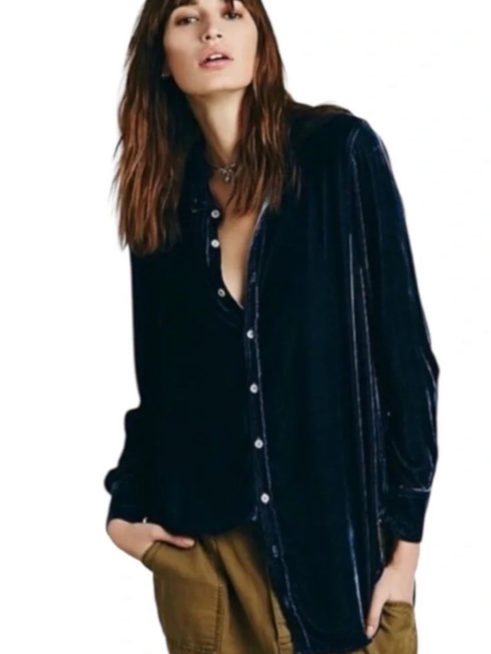 CP Shades x Free People | Women’s Blue Velvet Long Line Button-Down Shirt Sz XS